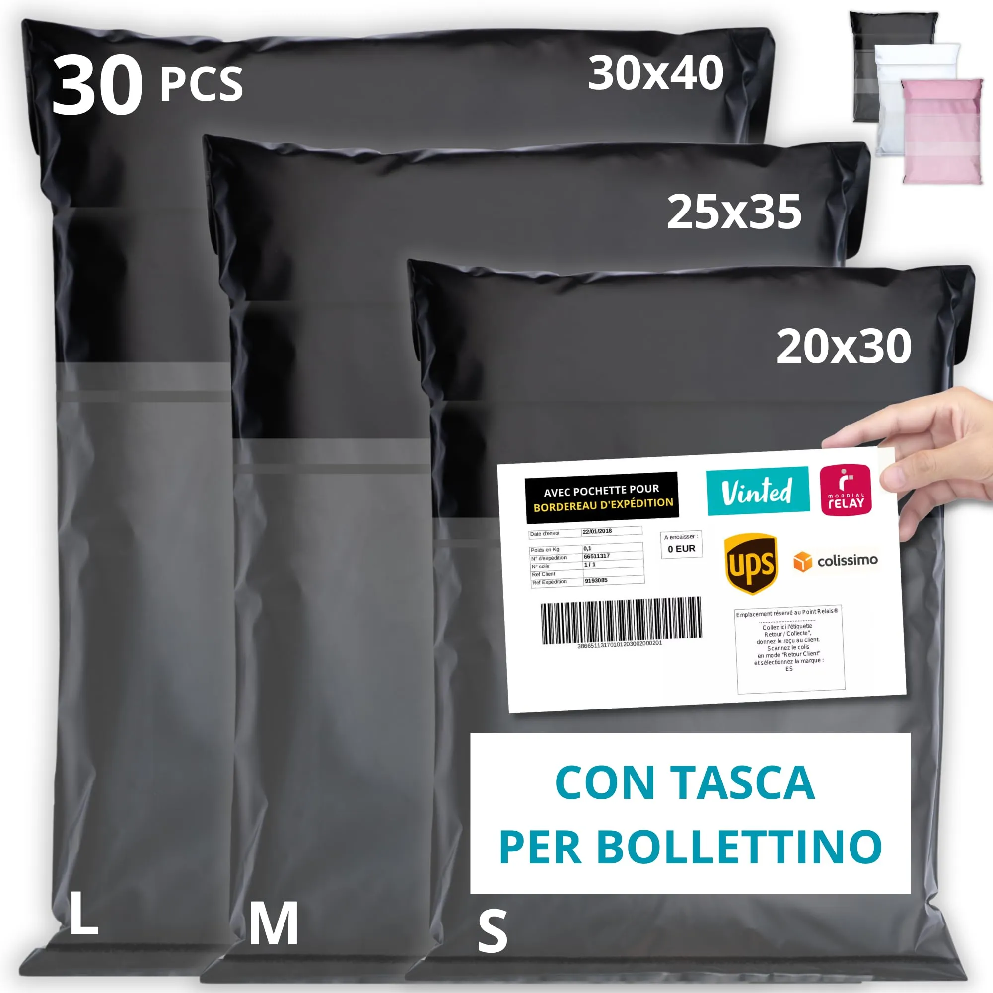 EmballaX Buste per Spedizioni Vinted con Tasca per Bollettino, Taglie S/M/L, 30 Pezzi - immagine 1