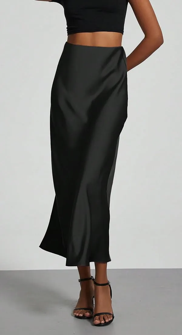 OLIPHEE Gonna Lunga in Raso Elegante Vita Alta A-Line Nero M - immagine 4