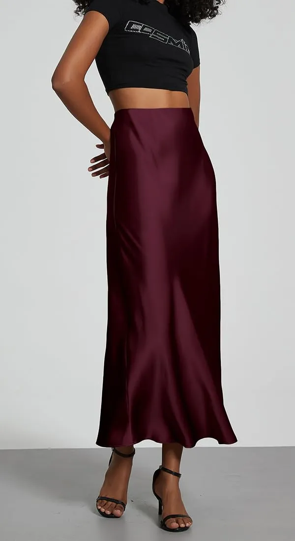 OLIPHEE Gonna Lunga in Raso Elegante Vita Alta A-Line Rosso S - immagine 3