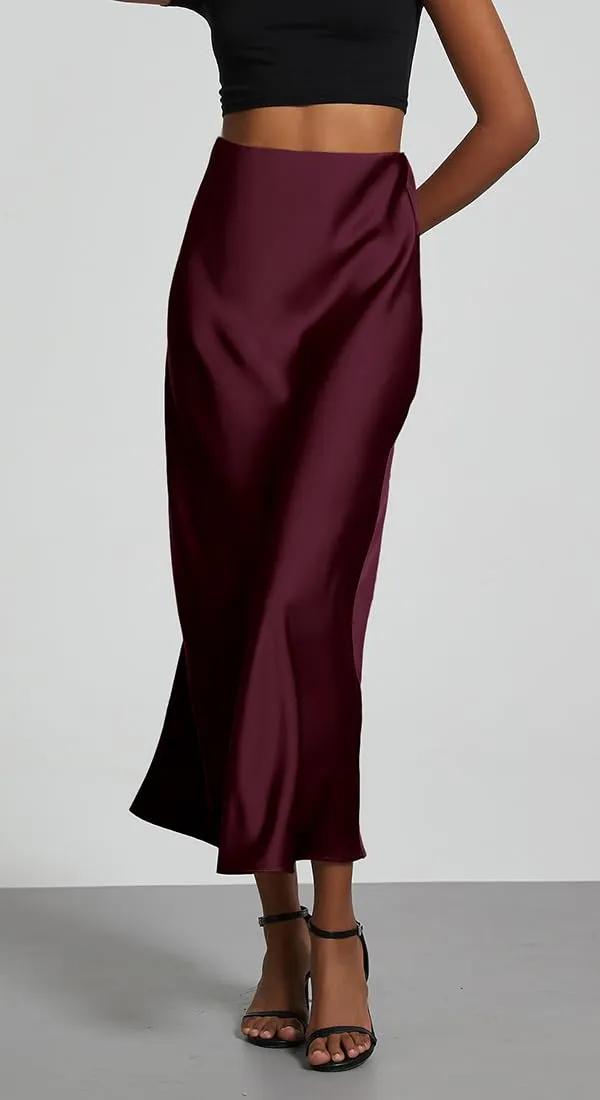 OLIPHEE Gonna Lunga in Raso Elegante Vita Alta A-Line Rosso S - immagine 4