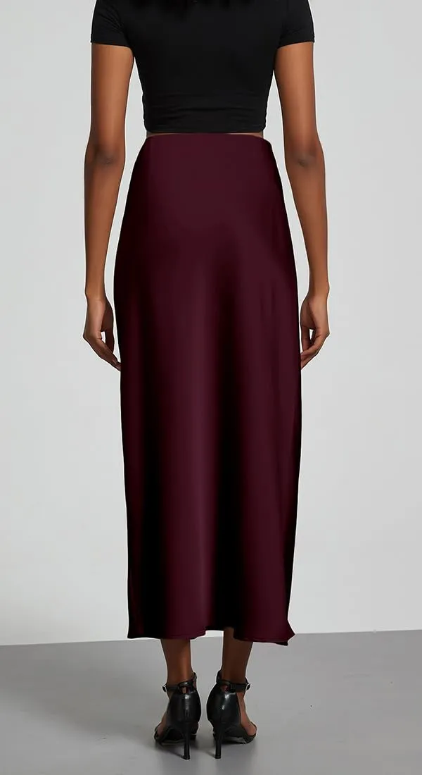 OLIPHEE Gonna Lunga in Raso Elegante Vita Alta A-Line Rosso S - immagine 5