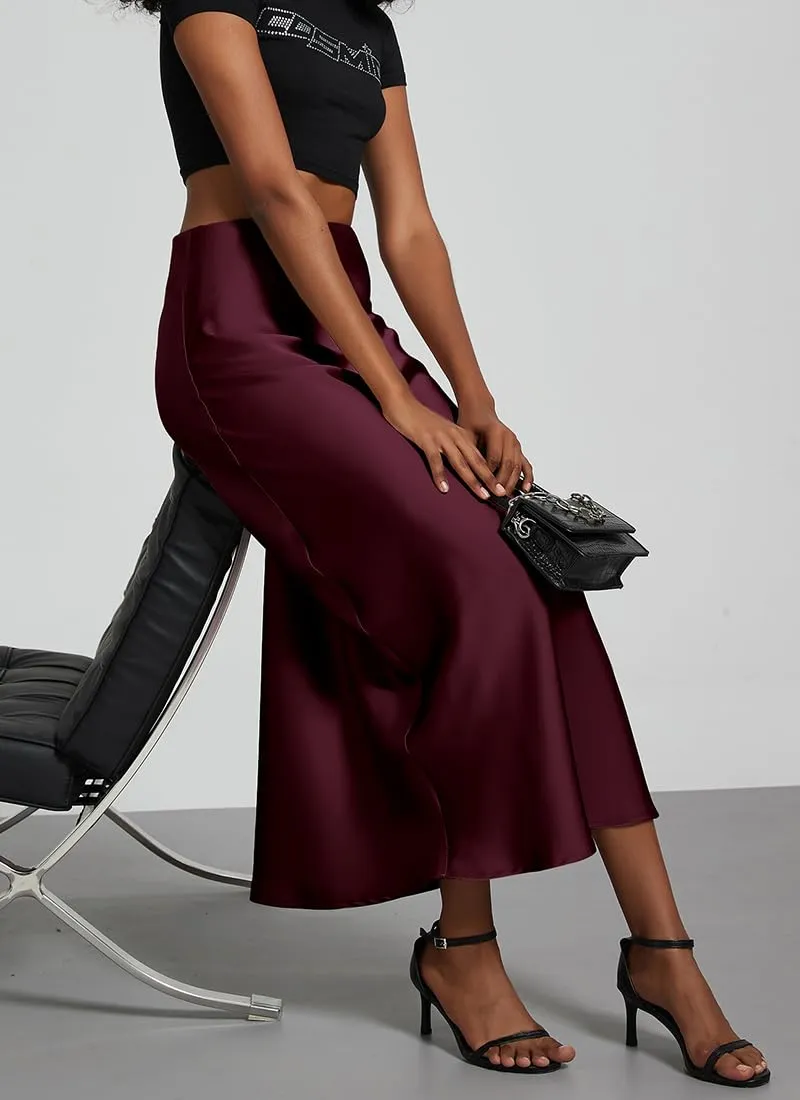 OLIPHEE Gonna Lunga in Raso Elegante Vita Alta A-Line Rosso S - immagine 6