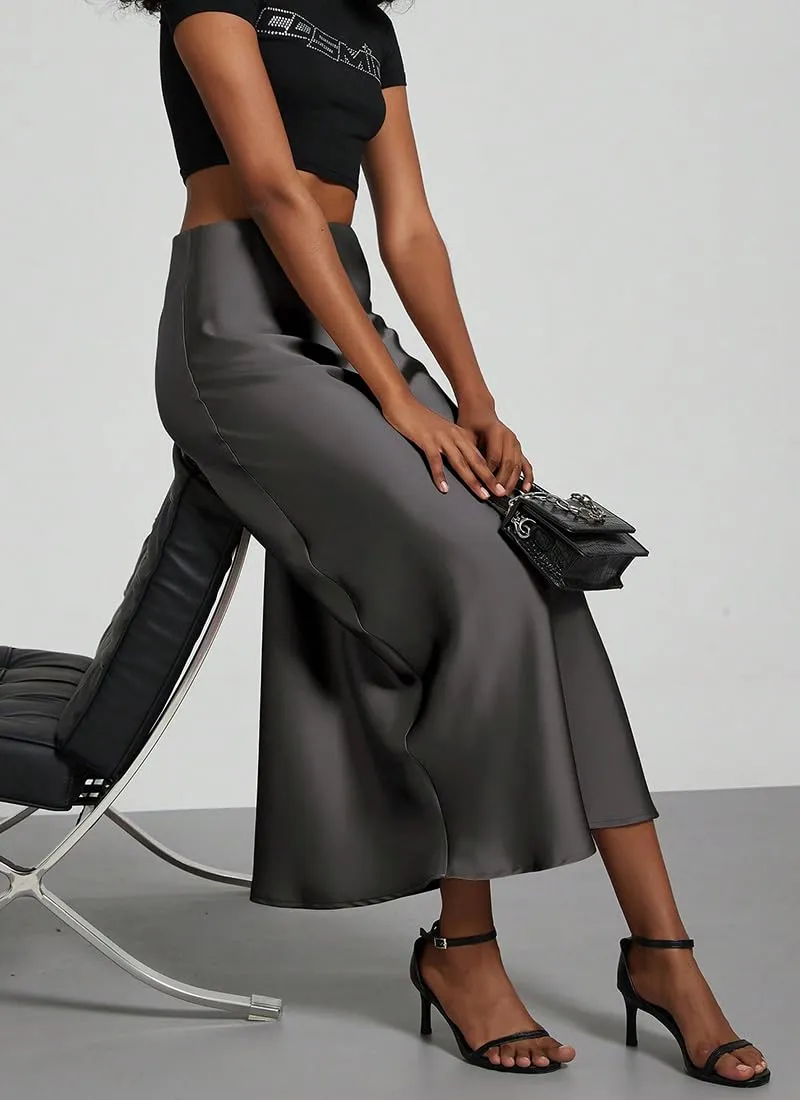 OLIPHEE Gonna Lunga in Raso Elegante, Vita Alta A-Line, Grigio, L - immagine 6