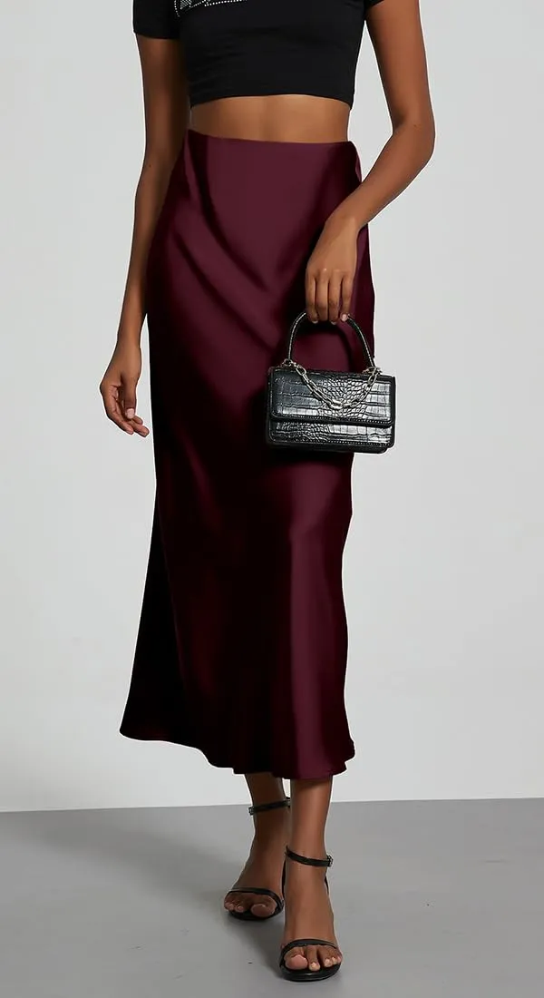 OLIPHEE Gonna Lunga in Raso Elegante Vita Alta A-Line Rosso XS - immagine 2