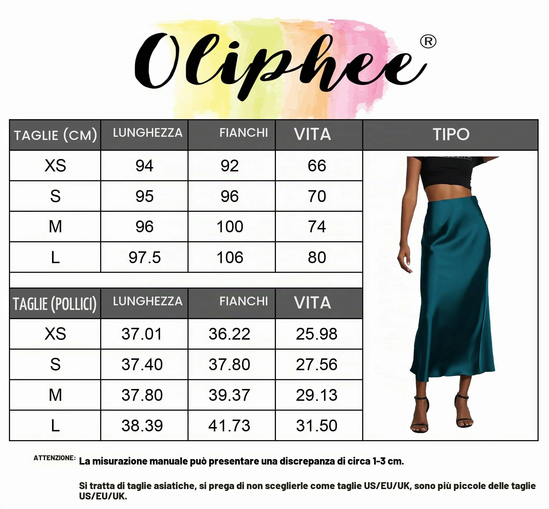 OLIPHEE Gonna Lunga in Raso Elegante Vita Alta A-Line Rosso XS - immagine 7