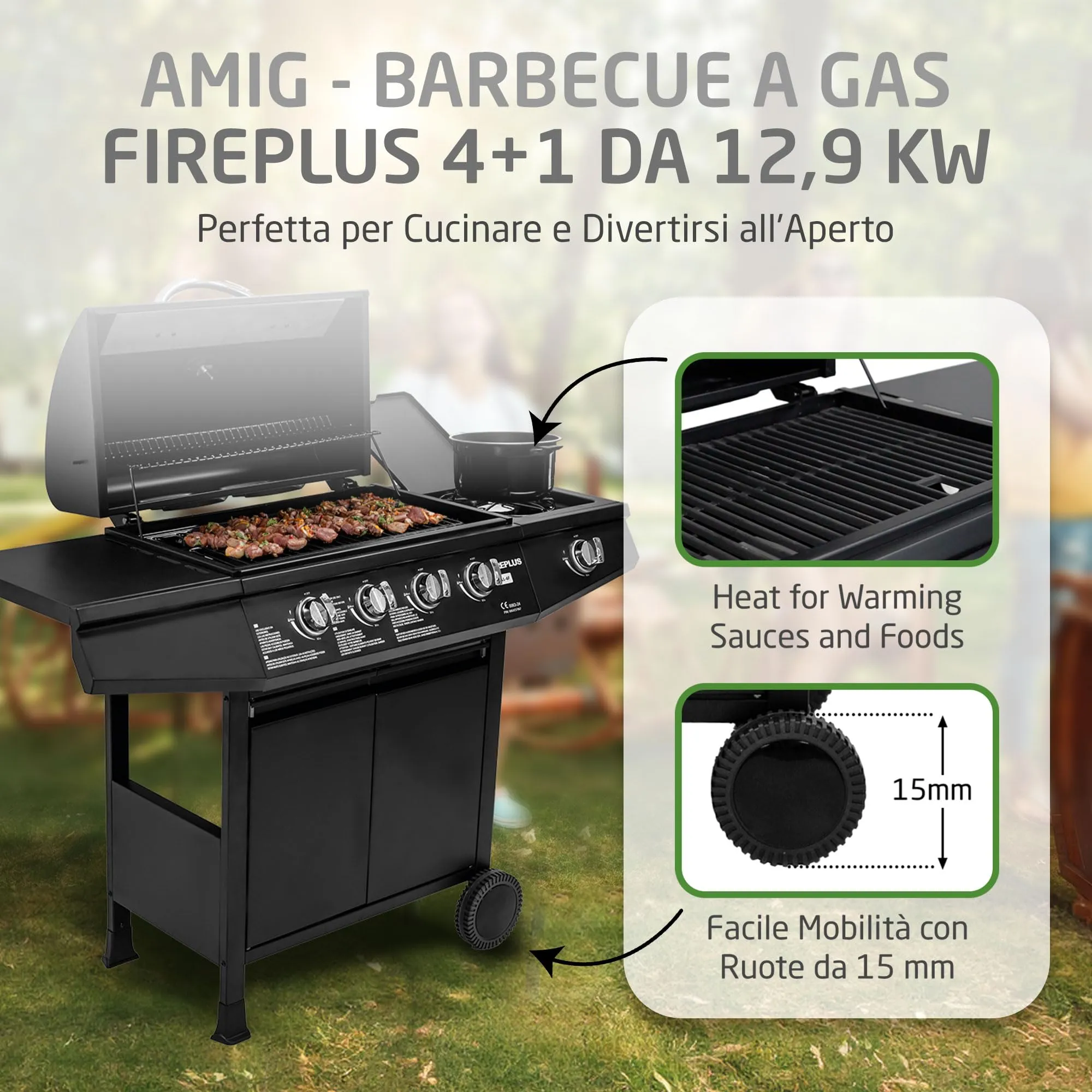 Amig Barbecue a Gas Fireplus 4+1 GRILL-4F, 9,3 kW, Acciaio Inossidabile Nero, 126x52x103 cm - immagine 2