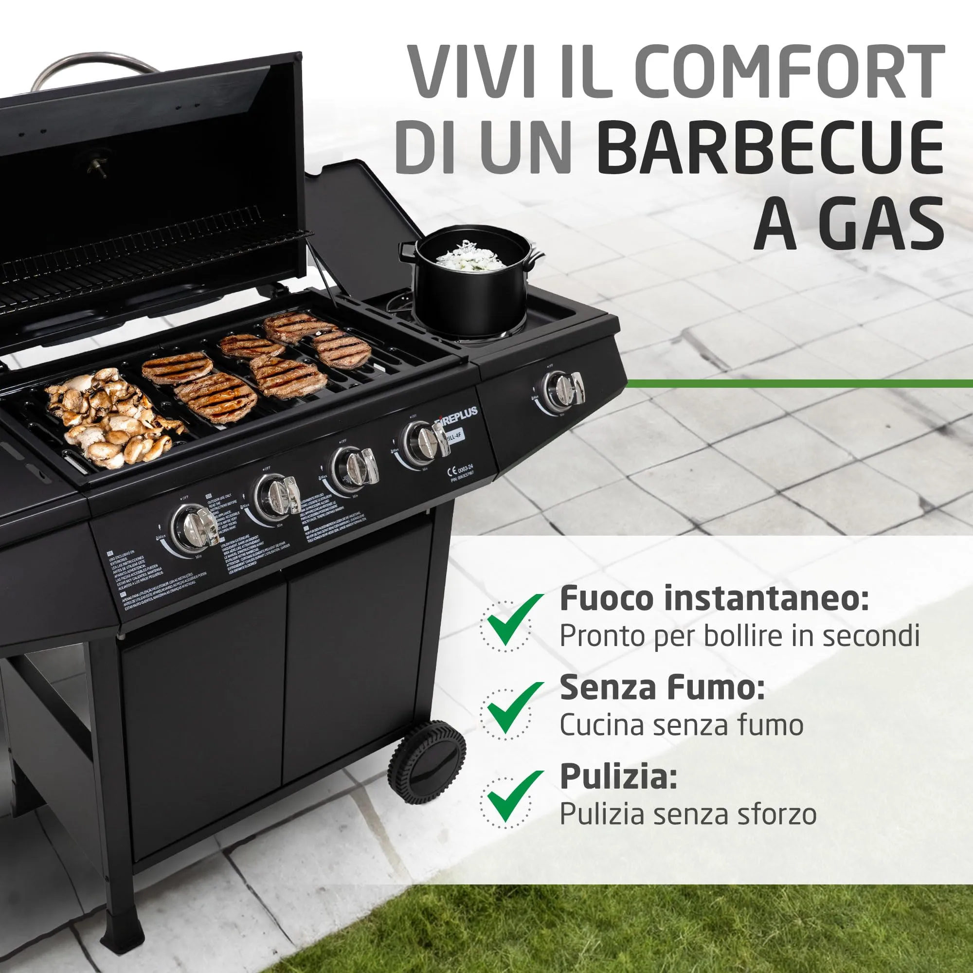 Amig Barbecue a Gas Fireplus 4+1 GRILL-4F, 9,3 kW, Acciaio Inossidabile Nero, 126x52x103 cm - immagine 3