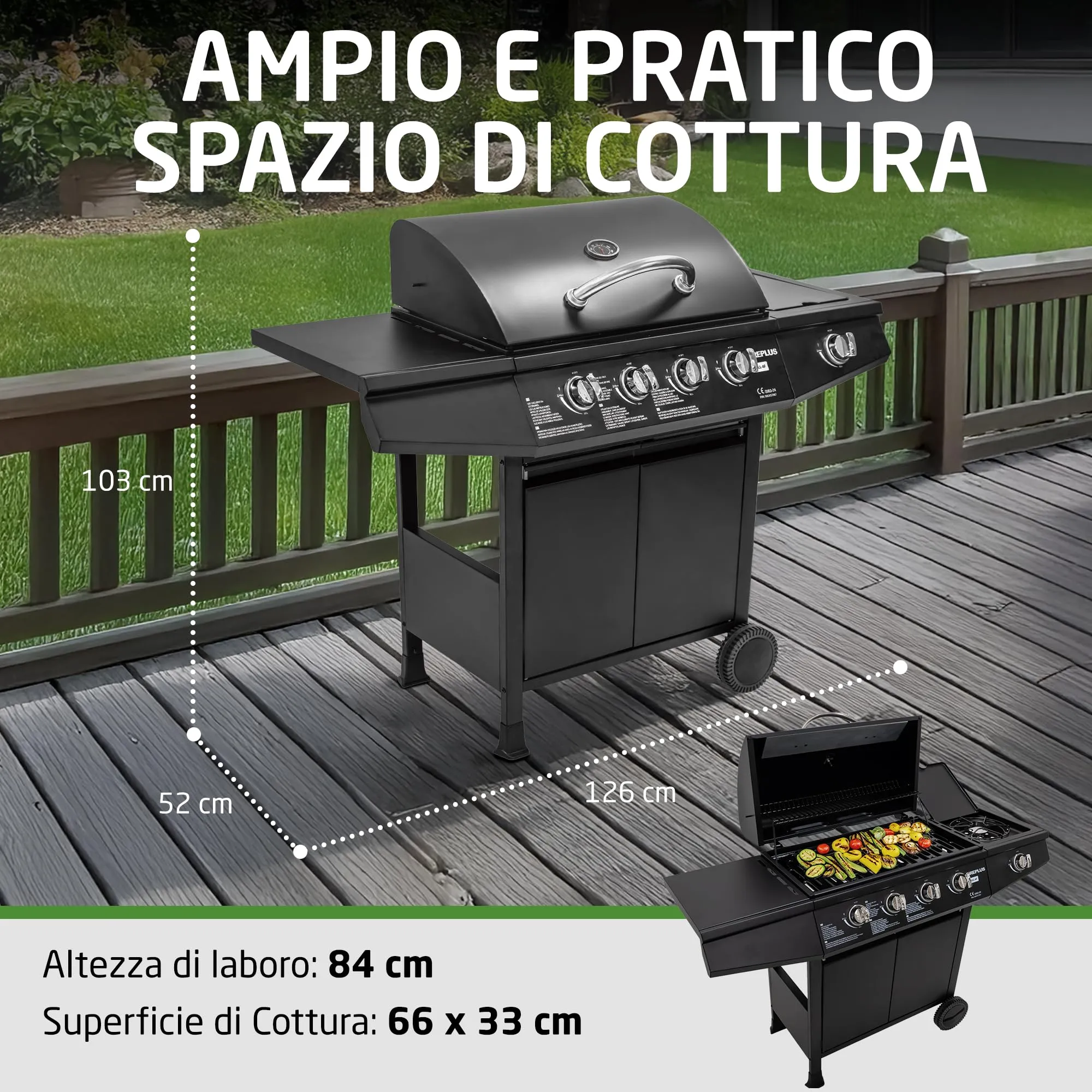 Amig Barbecue a Gas Fireplus 4+1 GRILL-4F, 9,3 kW, Acciaio Inossidabile Nero, 126x52x103 cm - immagine 4