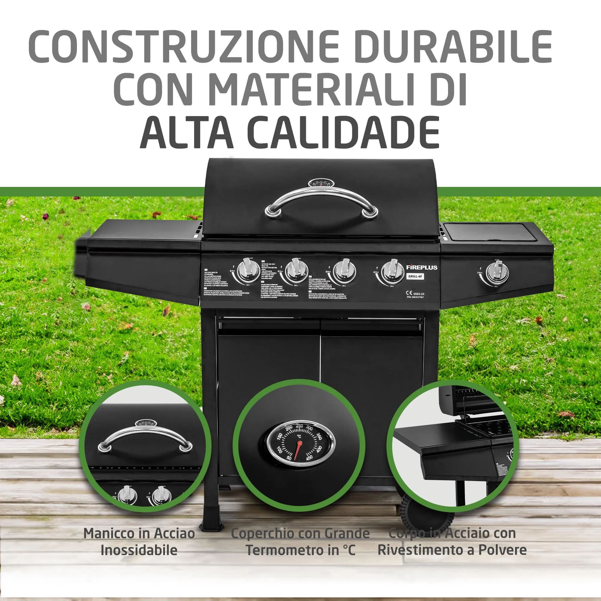 Amig Barbecue a Gas Fireplus 4+1 GRILL-4F, 9,3 kW, Acciaio Inossidabile Nero, 126x52x103 cm - immagine 5