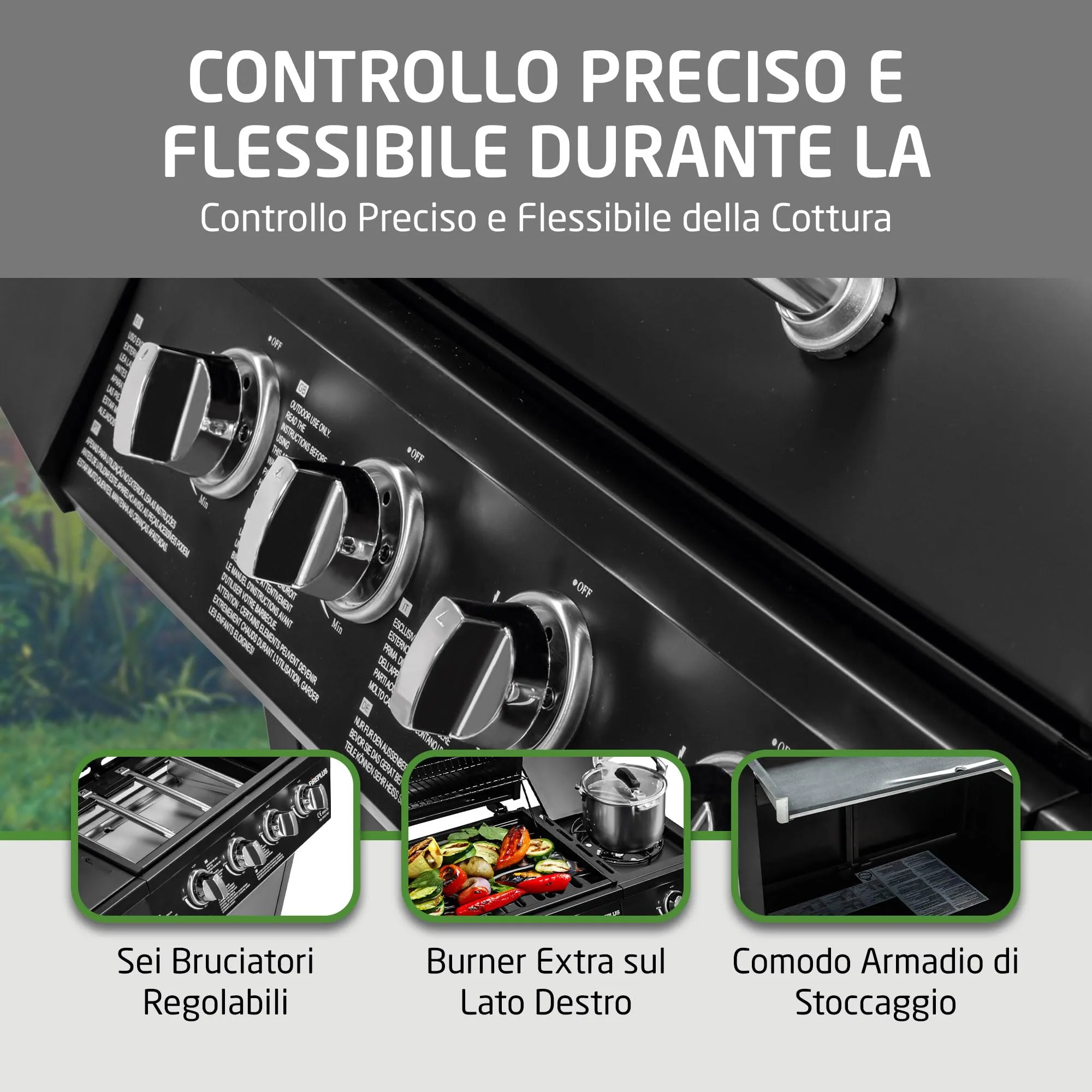 Amig Barbecue a Gas Fireplus 4+1 GRILL-4F, 9,3 kW, Acciaio Inossidabile Nero, 126x52x103 cm - immagine 6