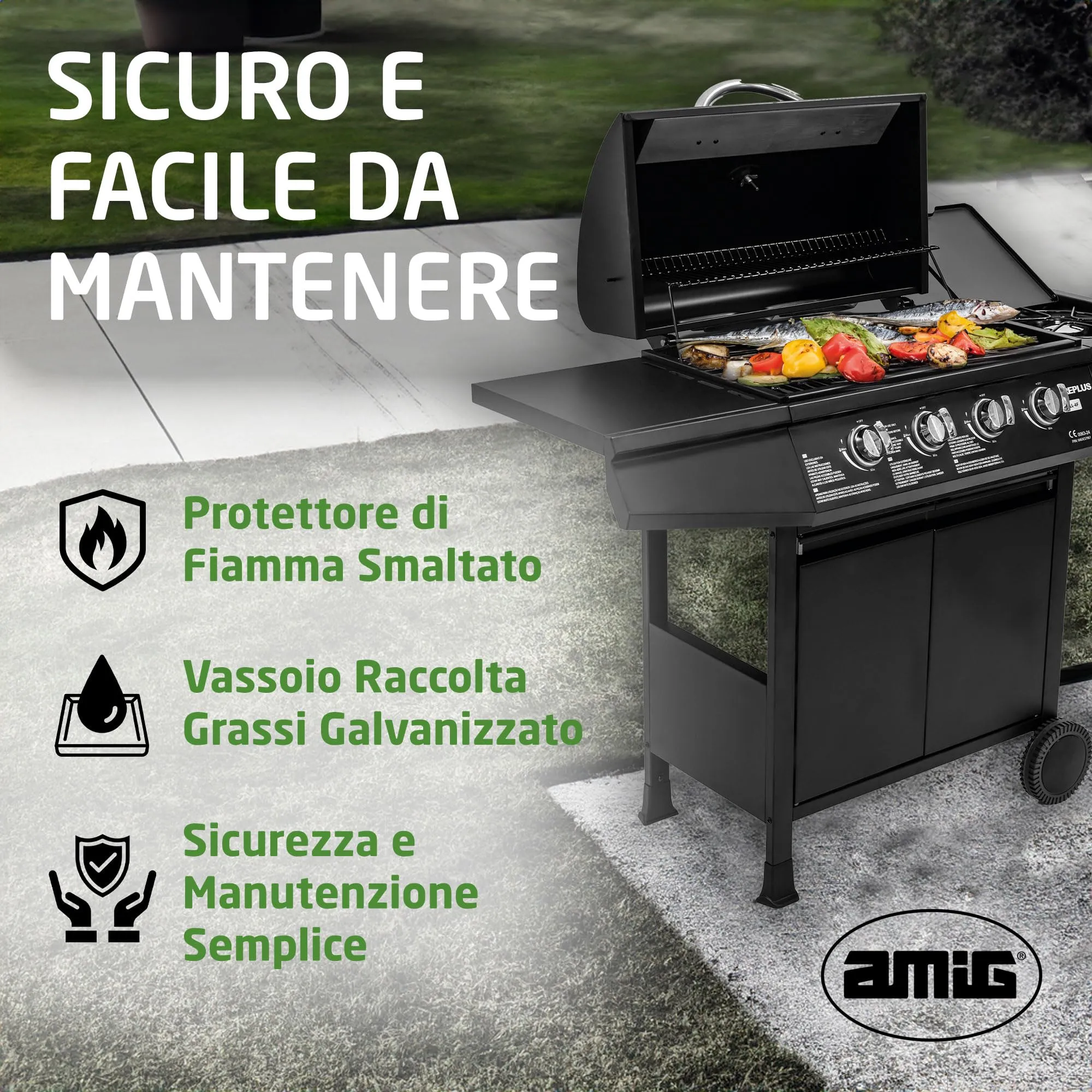 Amig Barbecue a Gas Fireplus 4+1 GRILL-4F, 9,3 kW, Acciaio Inossidabile Nero, 126x52x103 cm - immagine 7