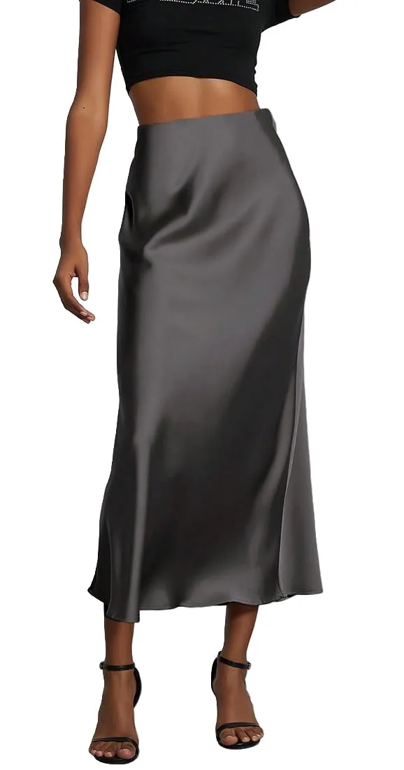OLIPHEE Gonna Lunga in Raso Donna Vita Alta A-Line Grigio S - immagine 1