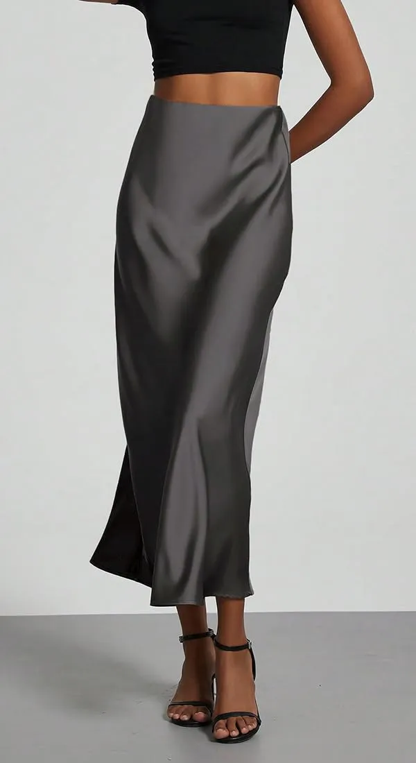 OLIPHEE Gonna Lunga in Raso Donna Vita Alta A-Line Grigio S - immagine 4