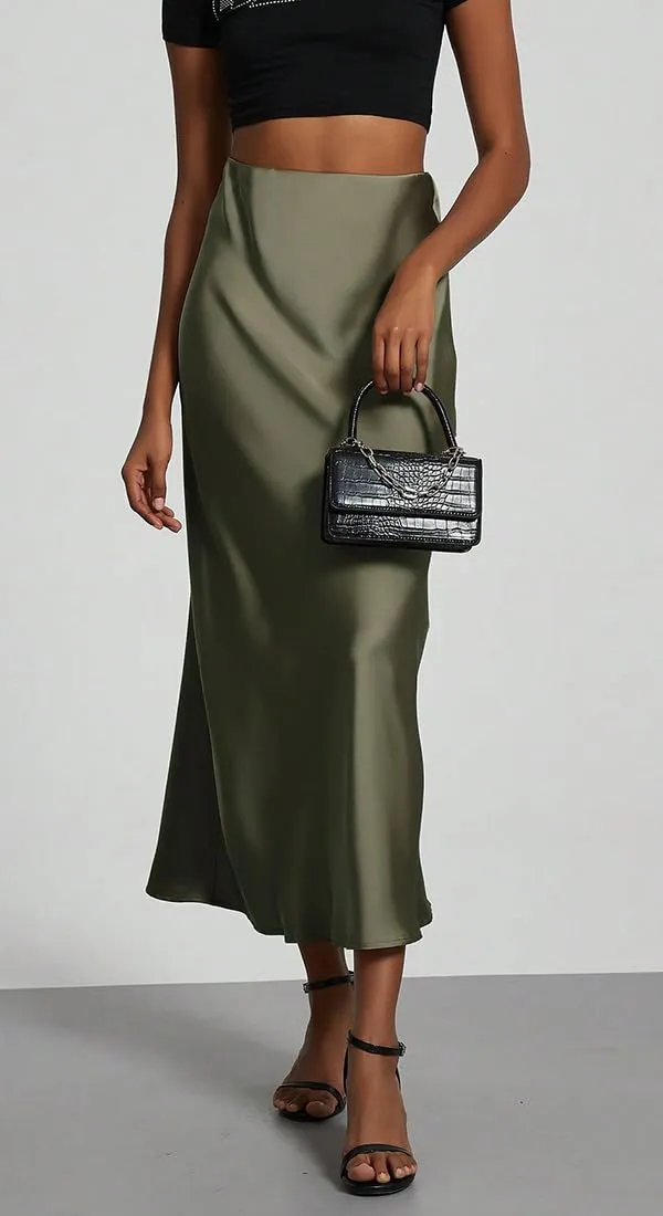 OLIPHEE Gonna Donna Lunga in Raso Elegante, Vita Alta A-Line, Verde L - immagine 2