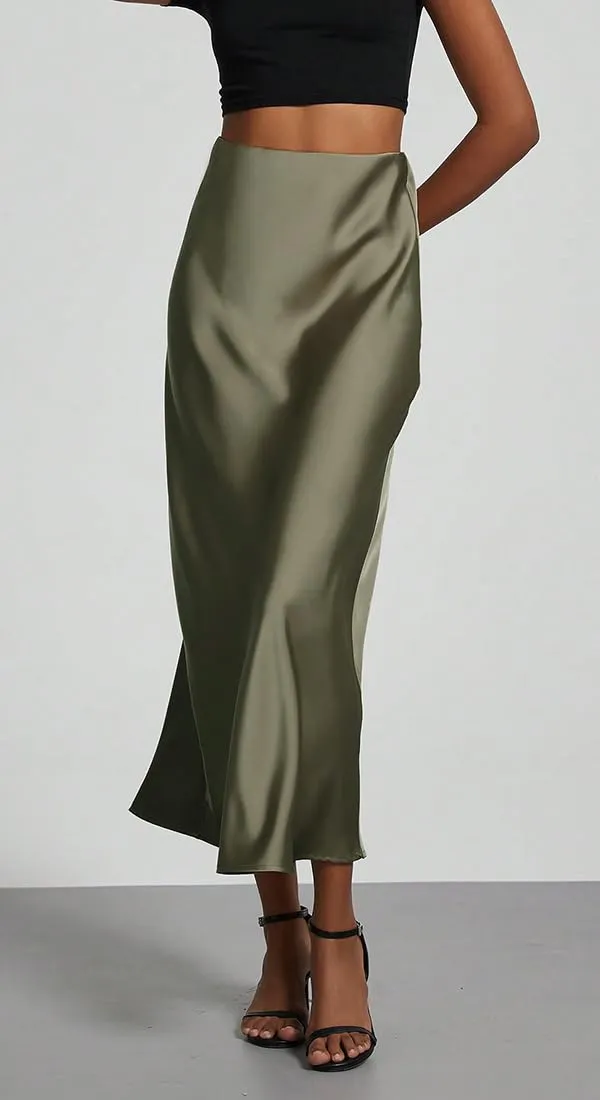 OLIPHEE Gonna Donna Lunga in Raso Elegante, Vita Alta A-Line, Verde L - immagine 4