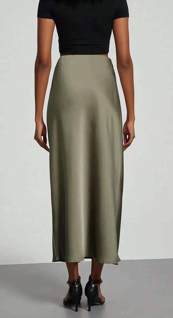 OLIPHEE Gonna Donna Lunga in Raso Elegante, Vita Alta A-Line, Verde L - immagine 5