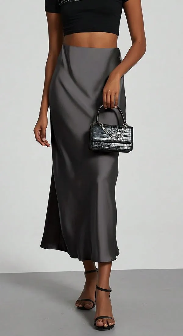 OLIPHEE Gonna Lunga in Raso Donna Vita Alta A-Line, Grigio, M - immagine 2