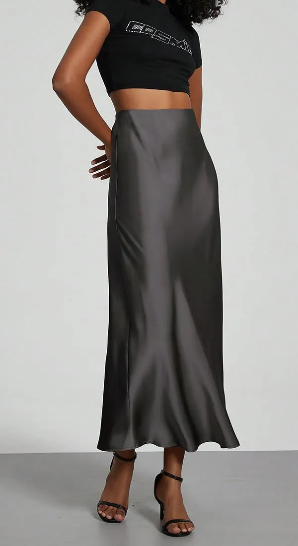 OLIPHEE Gonna Lunga in Raso Donna Vita Alta A-Line, Grigio, M - immagine 3