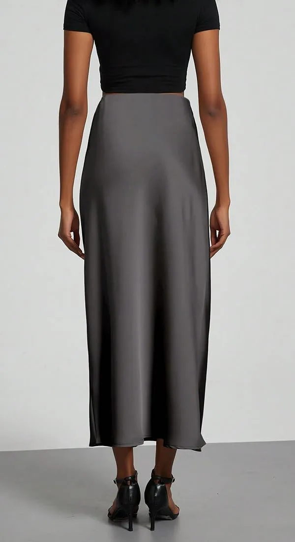 OLIPHEE Gonna Lunga in Raso Donna Vita Alta A-Line, Grigio, M - immagine 5