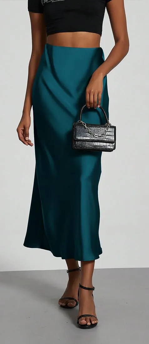 OLIPHEE Gonna Lunga in Raso Donna, Vita Alta A-Line, Blu, S - immagine 2