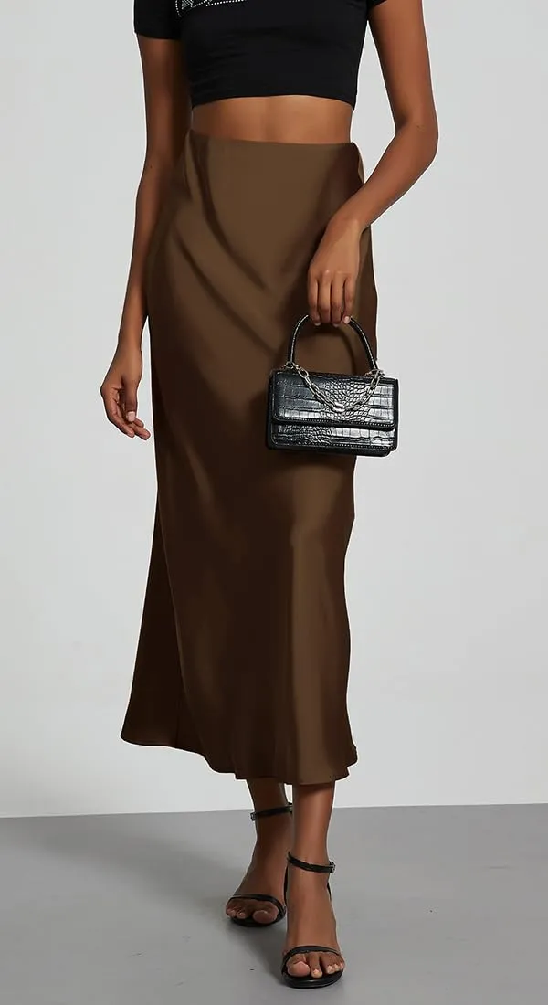 OLIPHEE Gonna Lunga in Raso Elegante a Vita Alta A-Line, Colore Caffè, XS - immagine 2