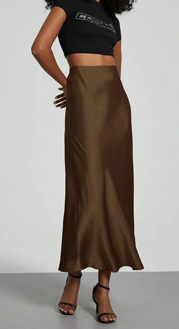 OLIPHEE Gonna Lunga in Raso Elegante a Vita Alta A-Line, Colore Caffè, XS - immagine 3