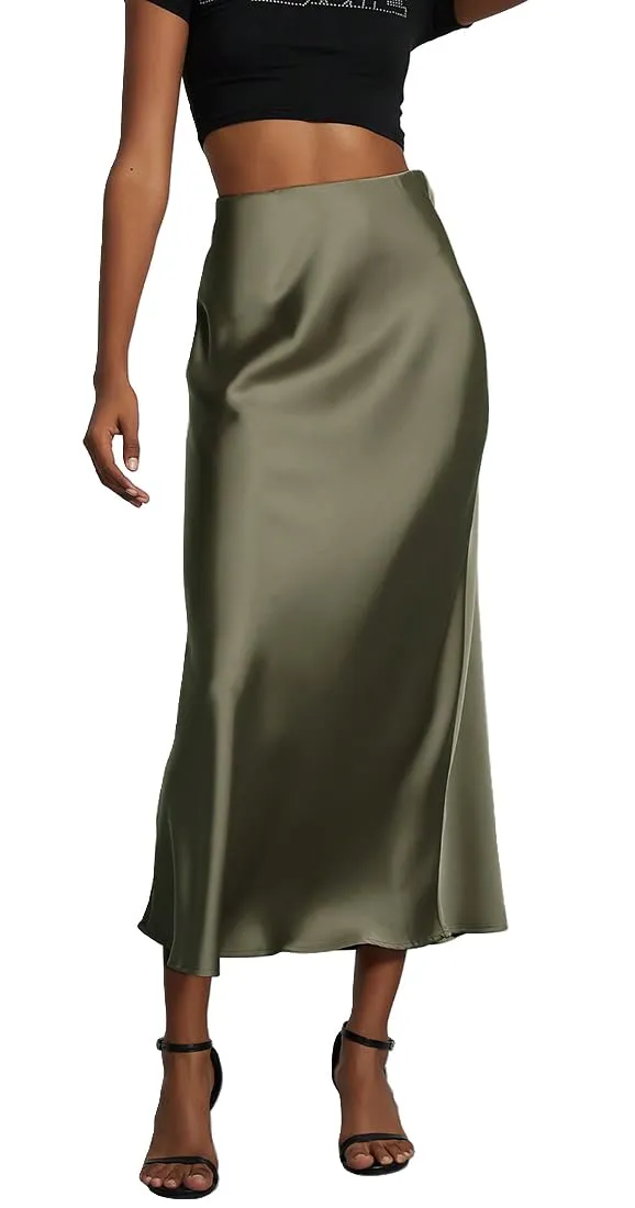 OLIPHEE Gonna Lunga in Raso Elegante, Vita Alta A-Line, Verde, XS - immagine 1