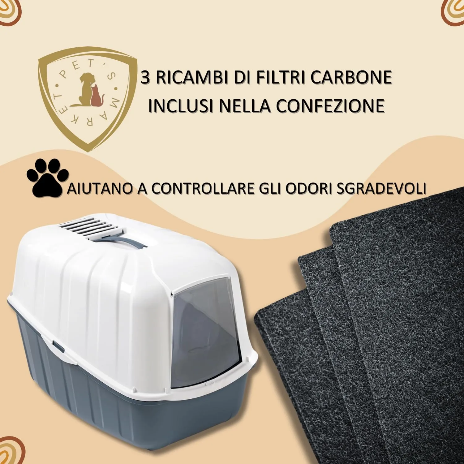 Pet's Market Toilette Lettiera Chiusa Komoda con Filtri di Ricambio, Porta Basculante, Paletta e Filtro al Carbone, 54x39x40H - immagine 2