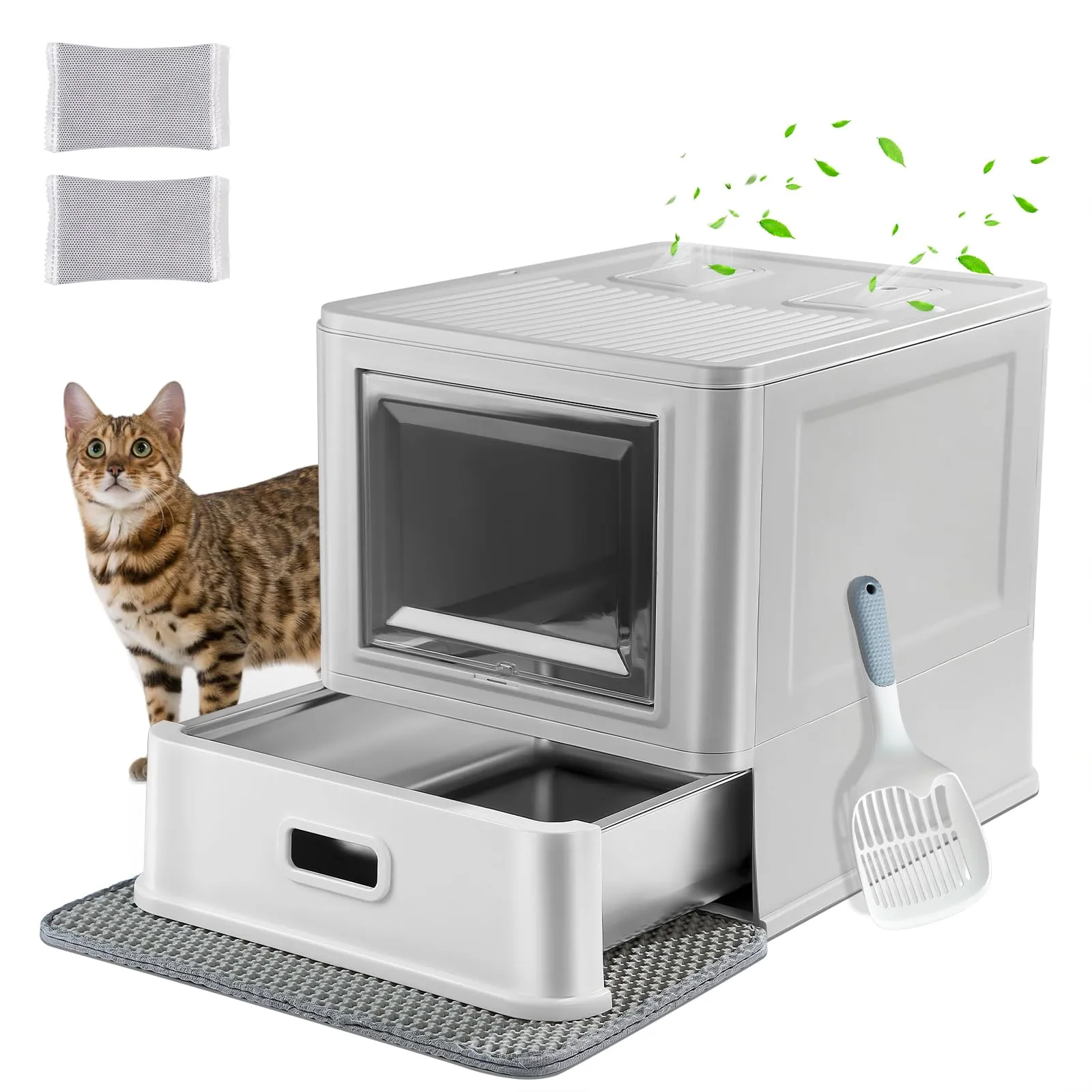 Marchul Cassetta Igienica per Gatti Chiusa in Acciaio Inossidabile con Coperchio, Design a Cassetto, Paratie Anti-Perdite, Paletta e Tappetino - immagine 1