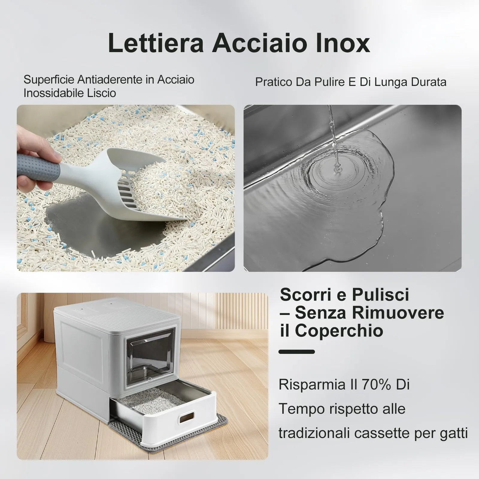 Marchul Cassetta Igienica per Gatti Chiusa in Acciaio Inossidabile con Coperchio, Design a Cassetto, Paratie Anti-Perdite, Paletta e Tappetino - immagine 2