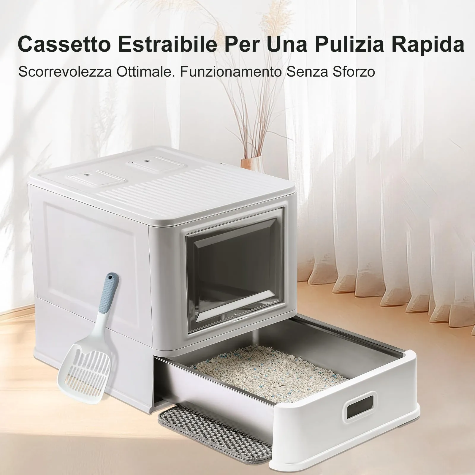 Marchul Cassetta Igienica per Gatti Chiusa in Acciaio Inossidabile con Coperchio, Design a Cassetto, Paratie Anti-Perdite, Paletta e Tappetino - immagine 4
