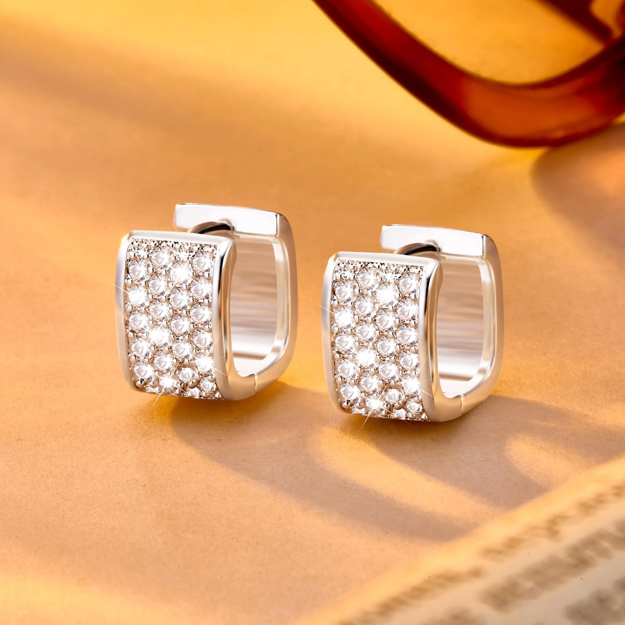 ALEXCRAFT Orecchini a cerchio rettangolari argentati con pavé di zirconi, acciaio inossidabile, E3802 - immagine 4