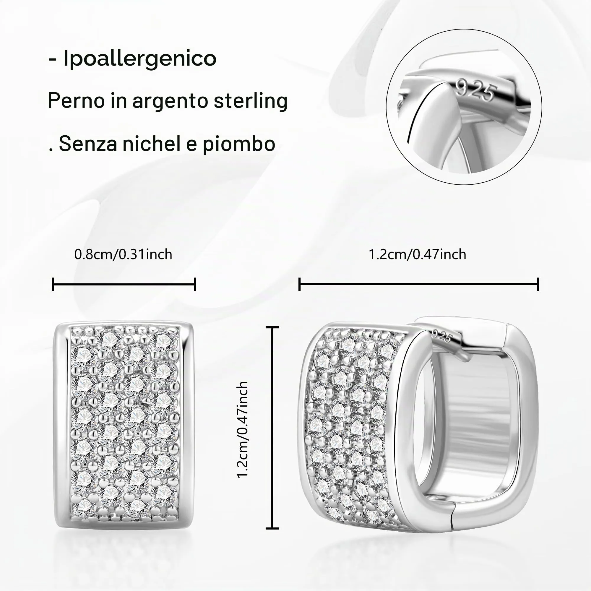 ALEXCRAFT Orecchini a cerchio rettangolari argentati con pavé di zirconi, acciaio inossidabile, E3802 - immagine 6