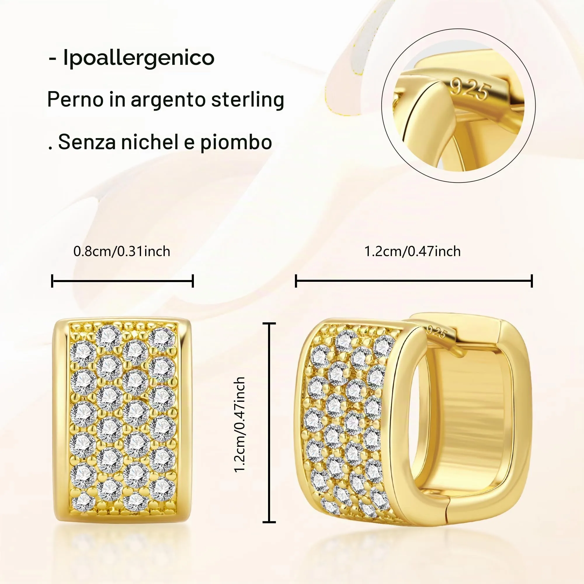 ALEXCRAFT Orecchini a cerchio rettangolari dorati con zirconi pavé E3801 - immagine 6