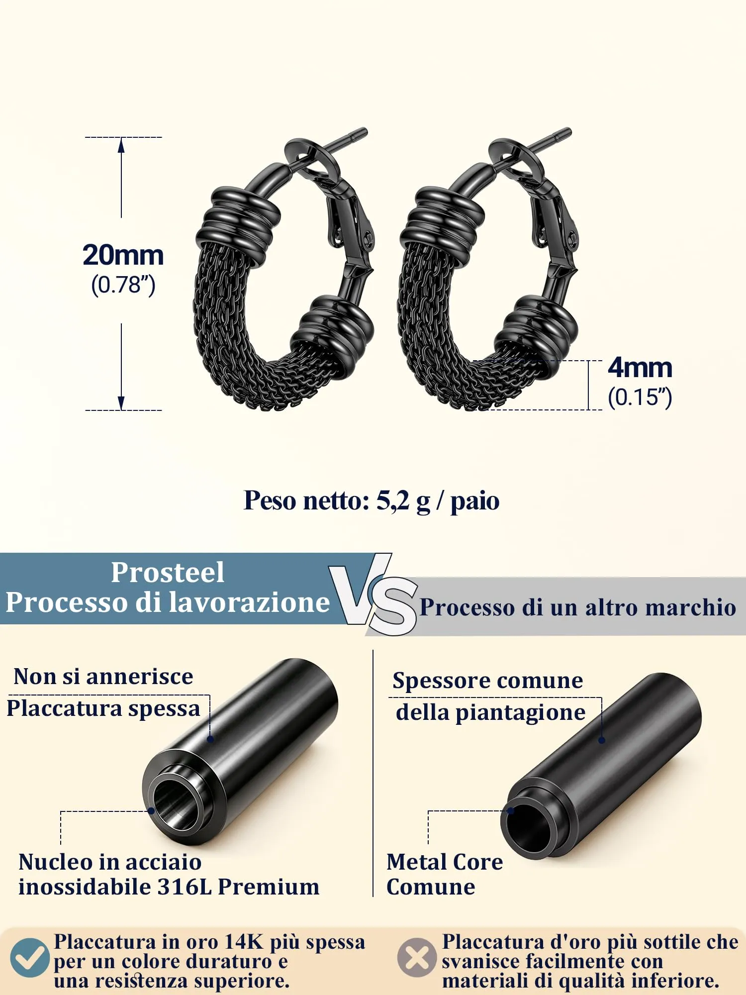 PROSTEEL Orecchini a Cerchio 20mm in Acciaio Inossidabile - immagine 3