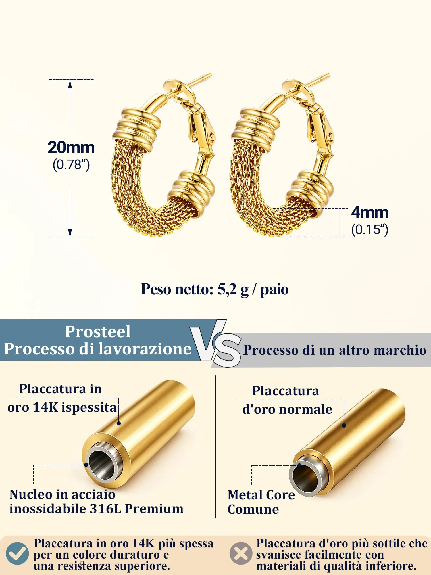 PROSTEEL Orecchini a Cerchio a Maglia Metallica in Acciaio Inossidabile, Oro, 20mm - immagine 3