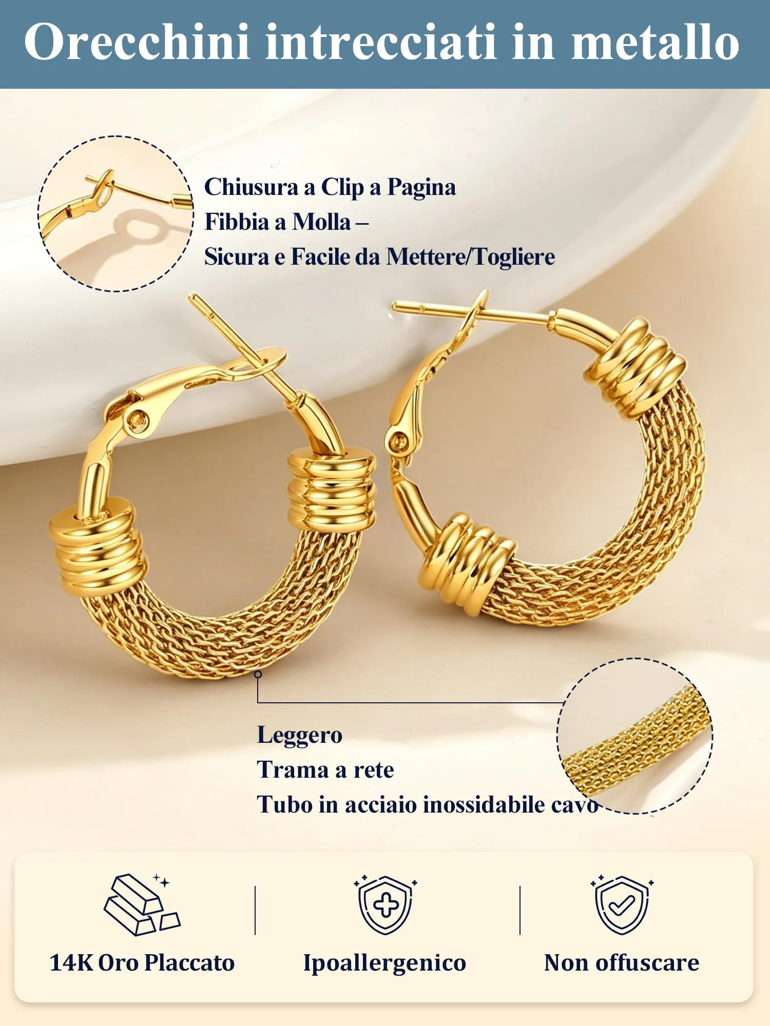 PROSTEEL Orecchini a Cerchio a Maglia Metallica in Acciaio Inossidabile, Oro, 20mm - immagine 6