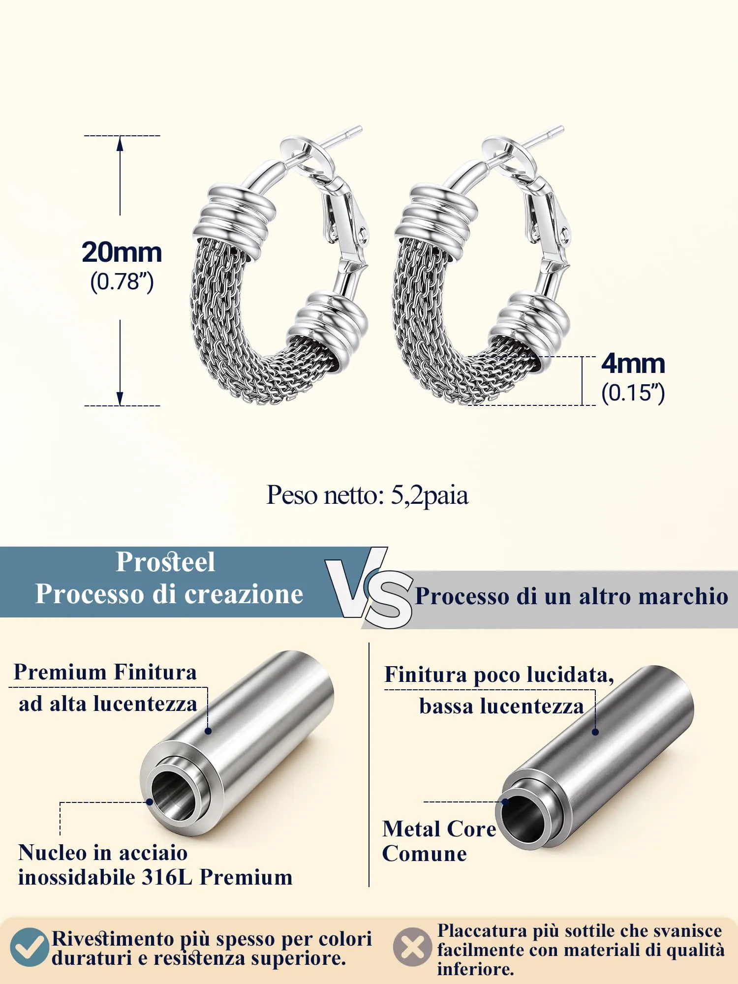 PROSTEEL Orecchini a Cerchio in Acciaio Inossidabile 316L, Argento, 20mm - immagine 3
