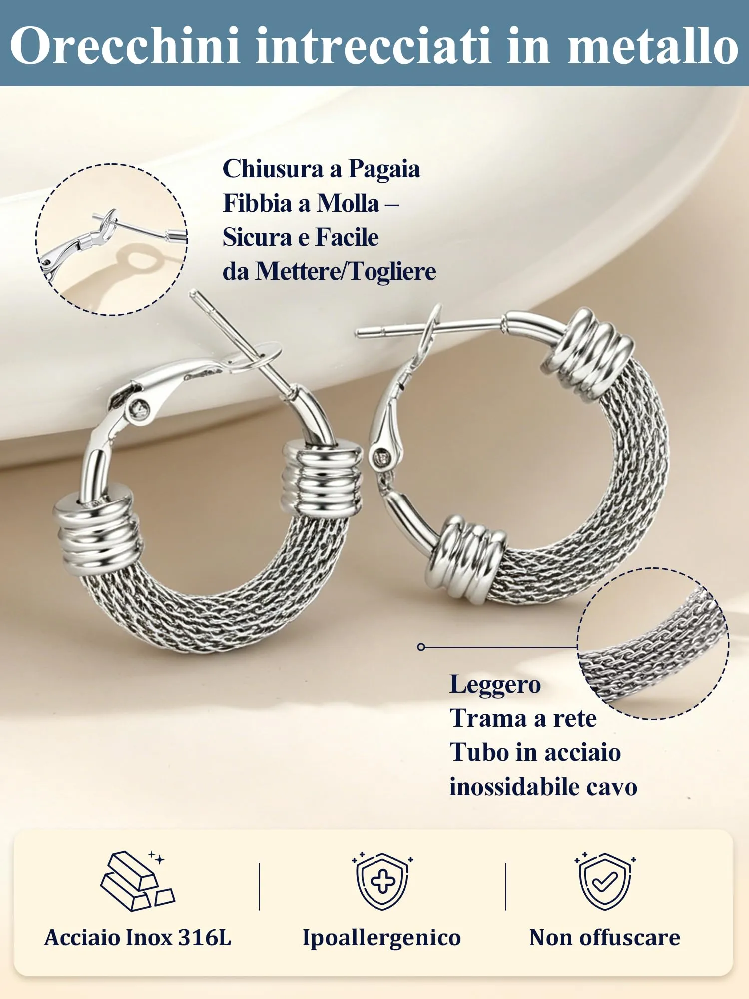 PROSTEEL Orecchini a Cerchio in Acciaio Inossidabile 316L, Argento, 20mm - immagine 6