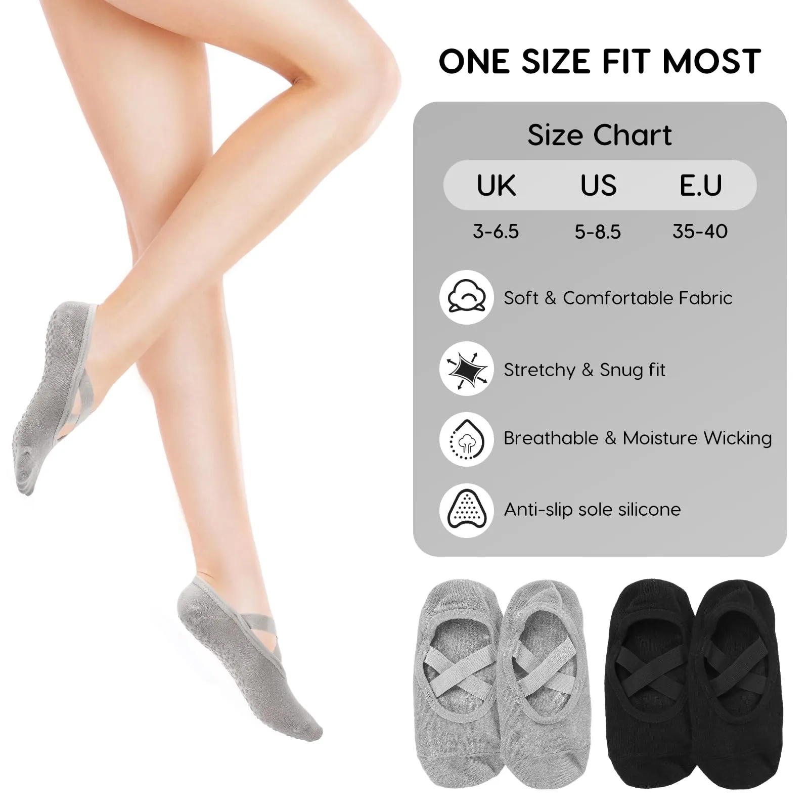 Bafiwu Calzini Antiscivolo Donna per Pilates, Yoga, Balletto e Danza, 4 Paia, 35-40 - immagine 3