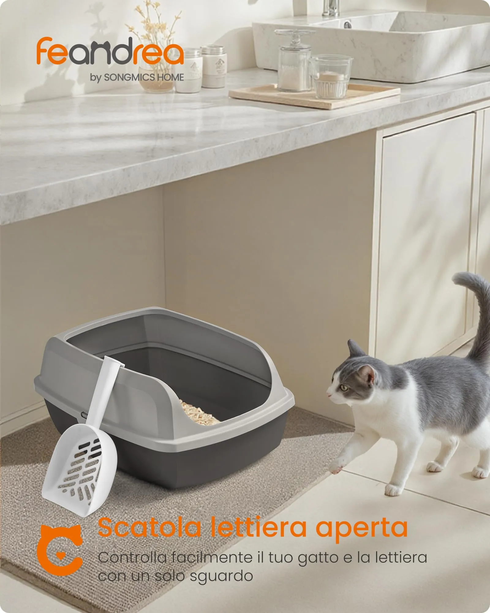 Feandrea Vassoio Lettiera per Gatti XL Aperto con Paletta, Grigio Ardesia PPT009GN01 - immagine 2