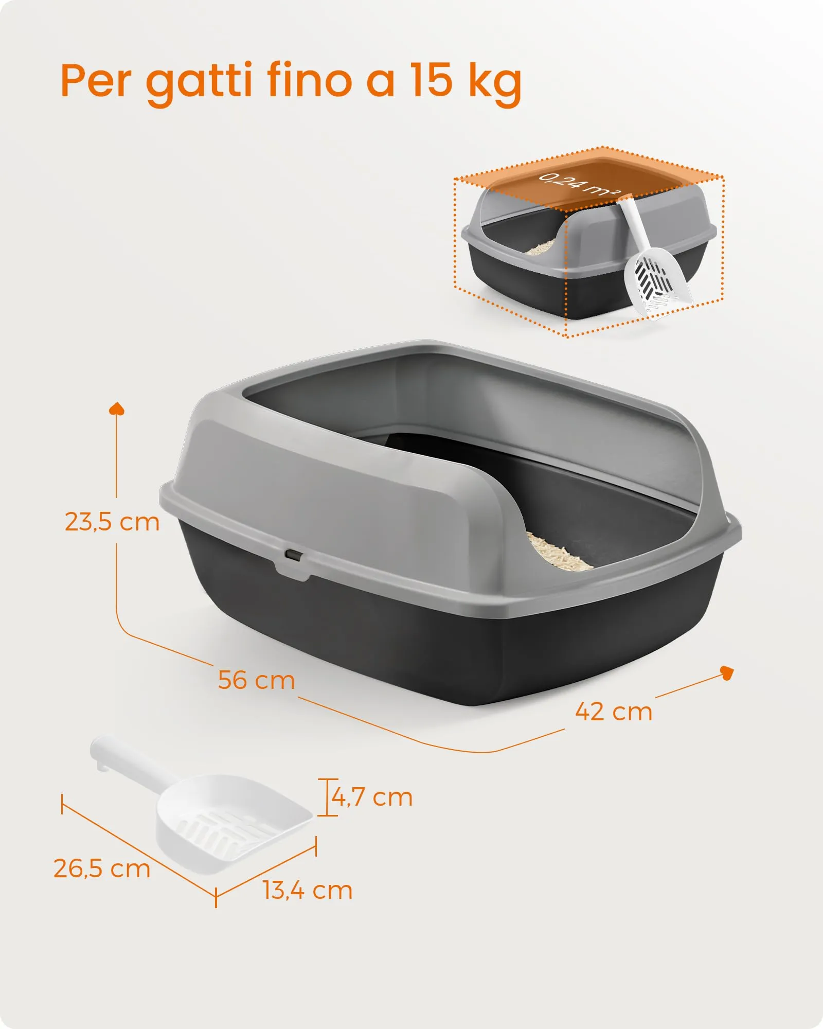 Feandrea Vassoio Lettiera per Gatti Aperto con Bordi Alti, XXL, Grigio Ardesia PPT010GN01 - immagine 7