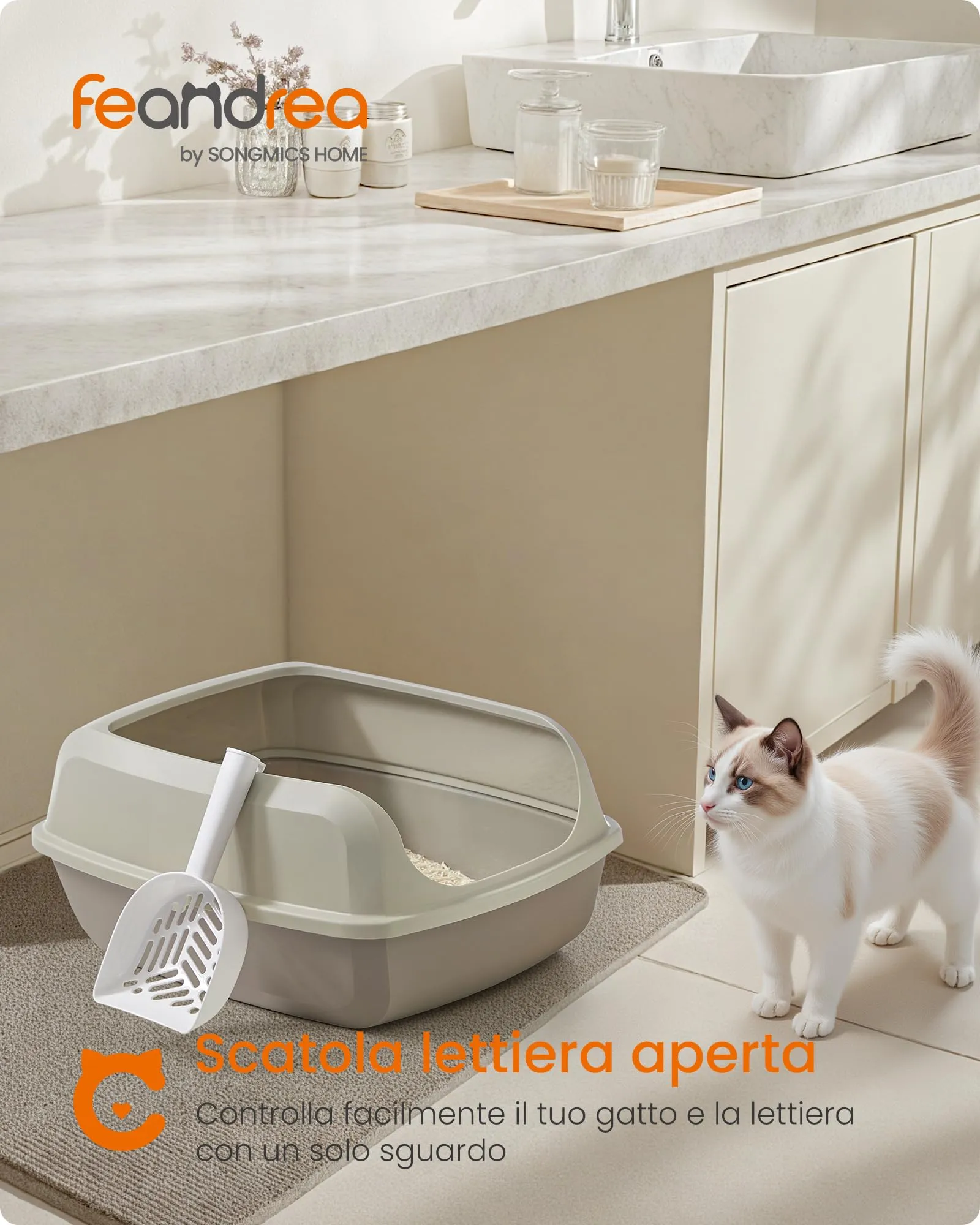 Feandrea Vassoio Lettiera per Gatti XXL Aperto con Paletta, Beige Cappuccino PPT010LH01 - immagine 2