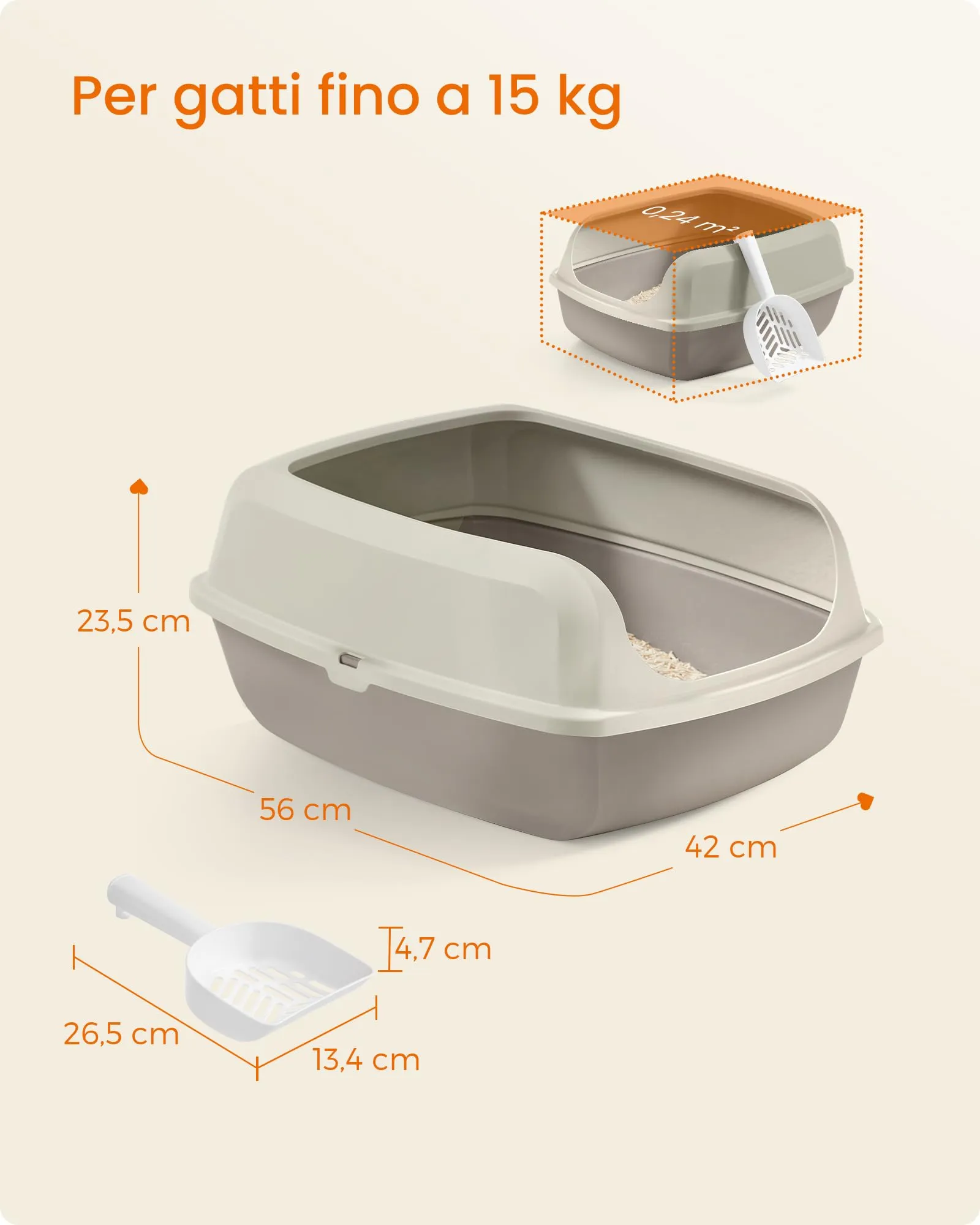 Feandrea Vassoio Lettiera per Gatti XXL Aperto con Paletta, Beige Cappuccino PPT010LH01 - immagine 7