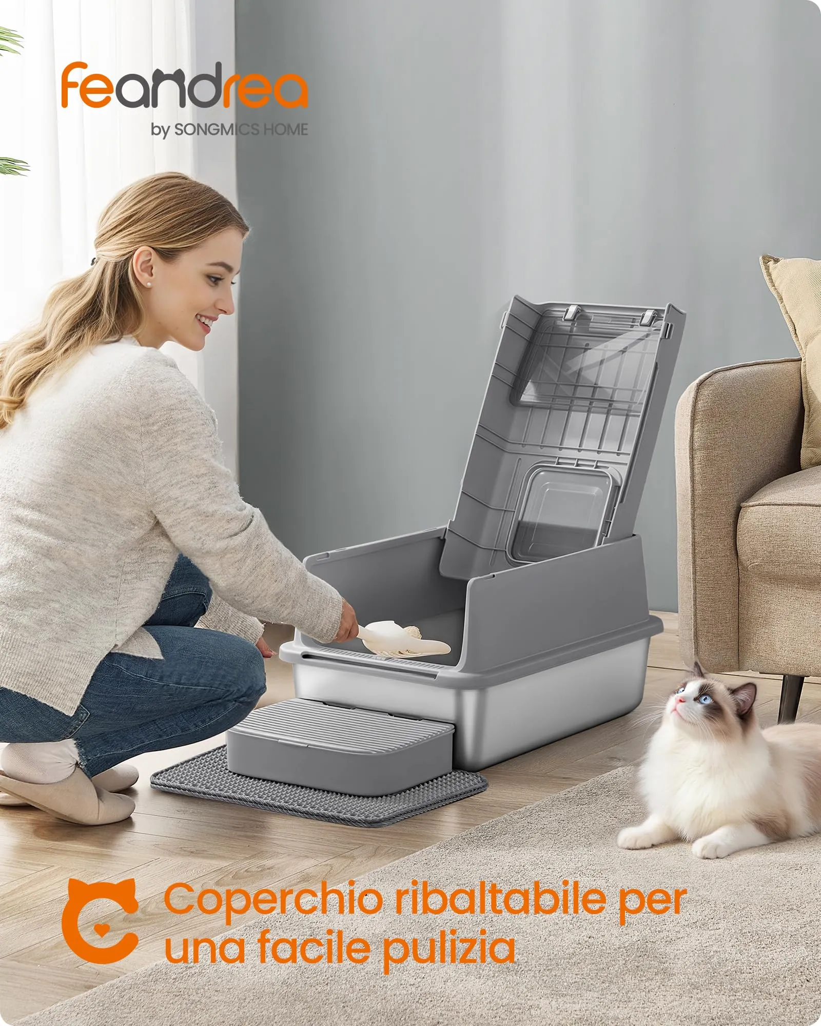 Feandrea Lettiera per Gatti Chiusa in Acciaio Inossidabile, 60 x 40 x 38 cm - immagine 2