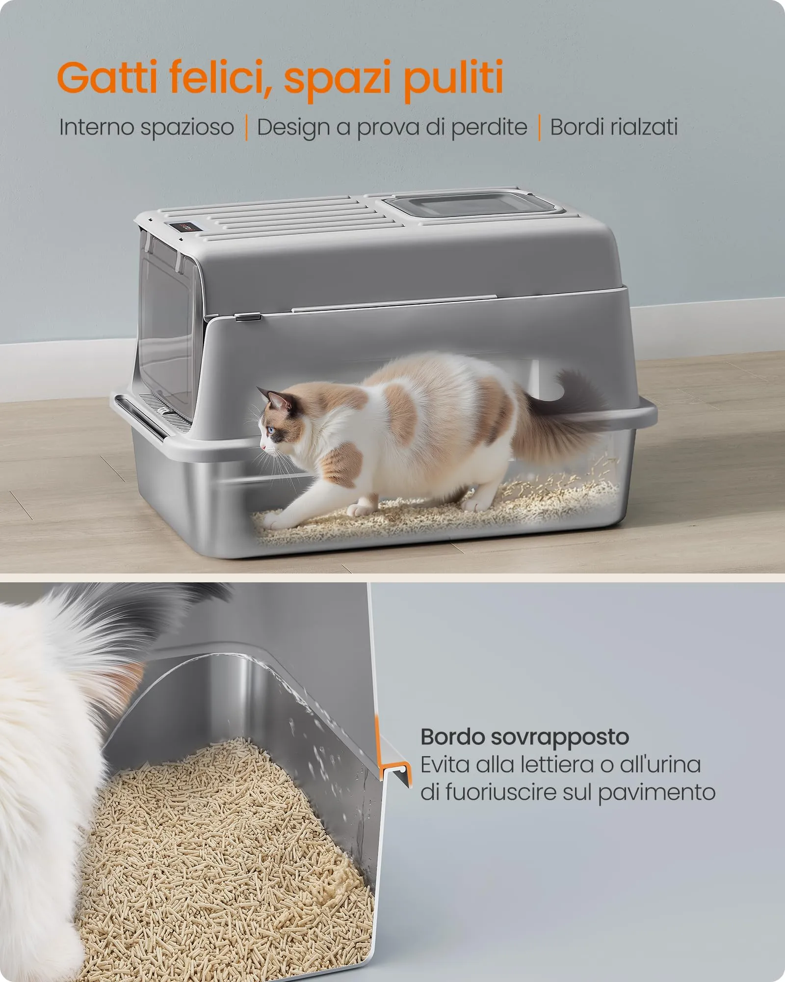 Feandrea Lettiera per Gatti Chiusa in Acciaio Inossidabile, 60 x 40 x 38 cm - immagine 4