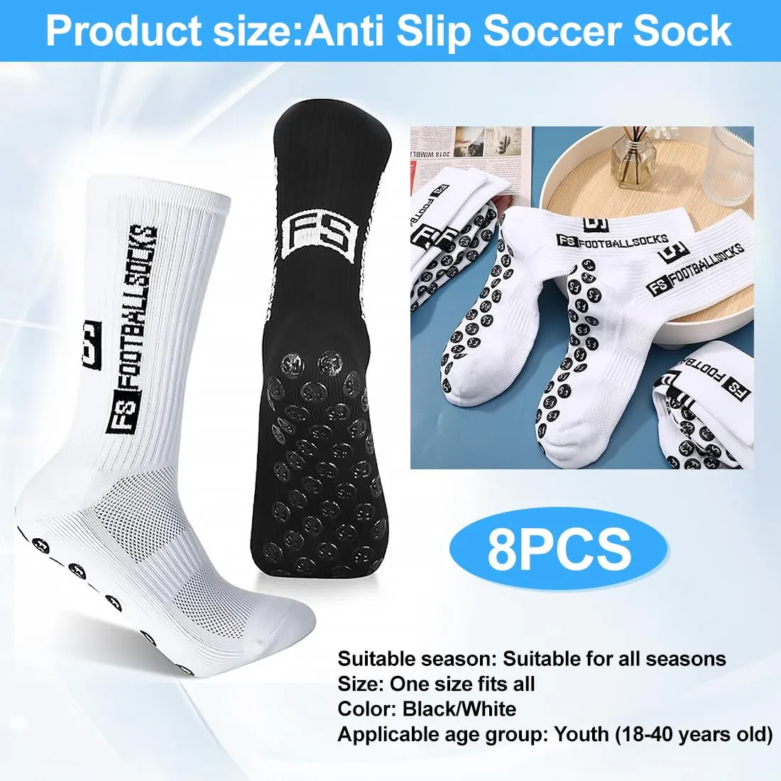 KEWUF Calze Antiscivolo Grip Calcio in Cotone Traspirante, 4 Paia per Uomo e Donna - immagine 2