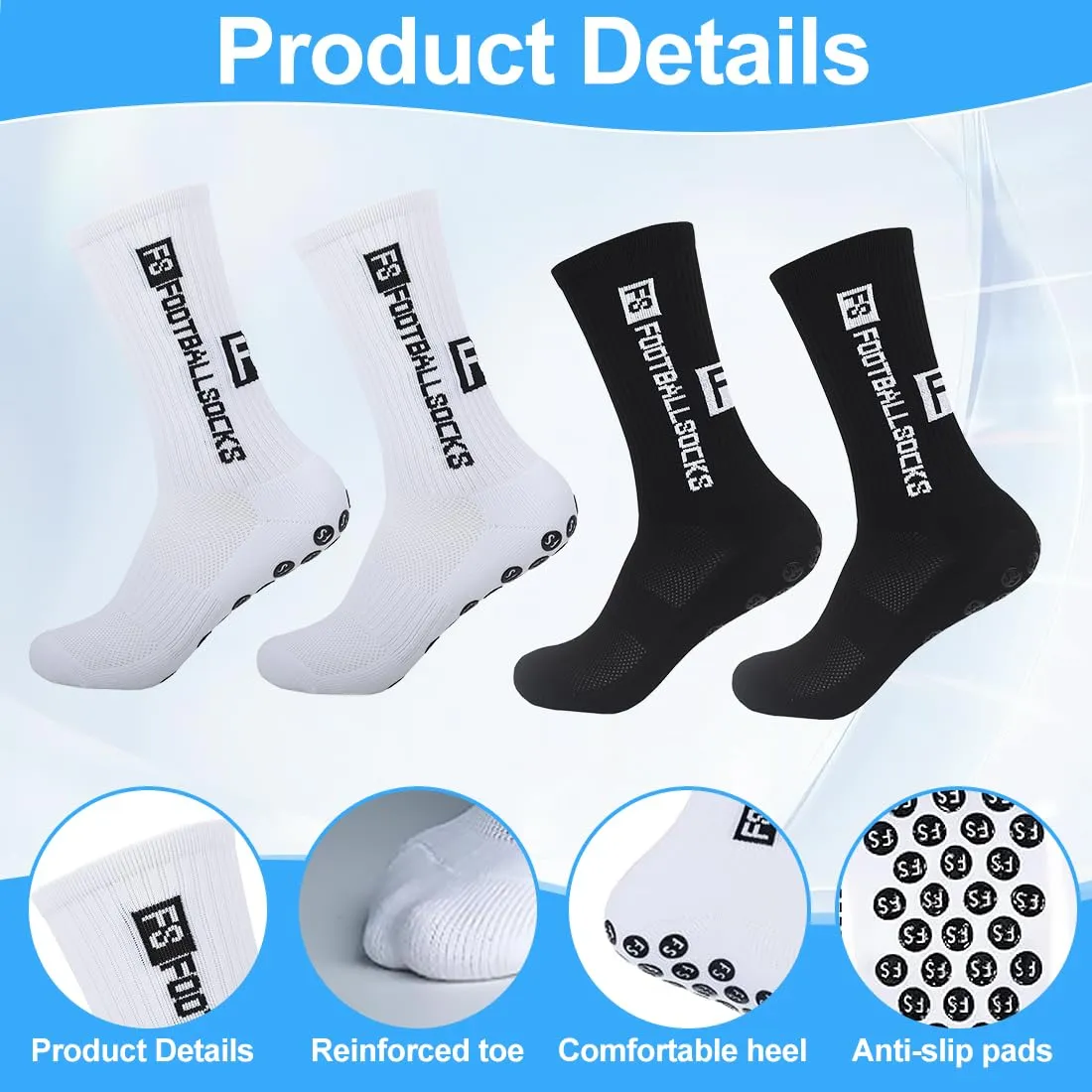 KEWUF Calze Antiscivolo Grip Calcio in Cotone Traspirante, 4 Paia per Uomo e Donna - immagine 3