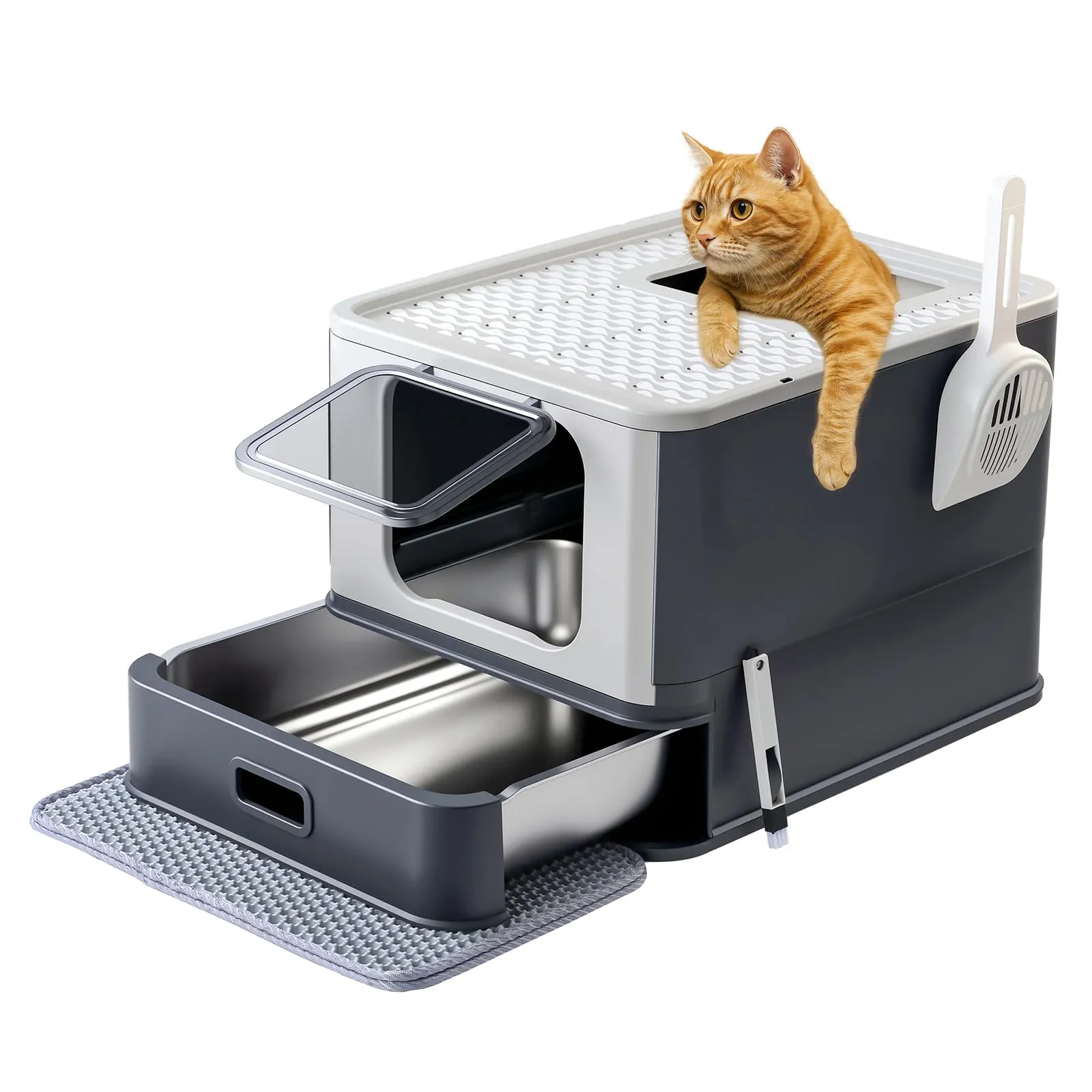Marchul Lettiera per Gatti in Acciaio Inox, Cassetta Igienica Chiusa con Coperchio, Sistema a Cassetto e Doppio Accesso, Grigio Scuro - immagine 1