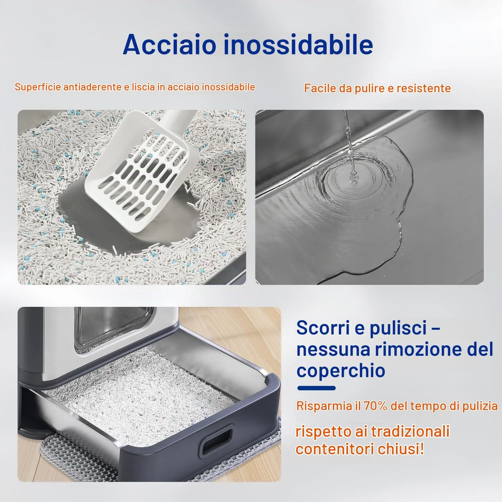 Marchul Lettiera per Gatti in Acciaio Inox, Cassetta Igienica Chiusa con Coperchio, Sistema a Cassetto e Doppio Accesso, Grigio Scuro - immagine 2